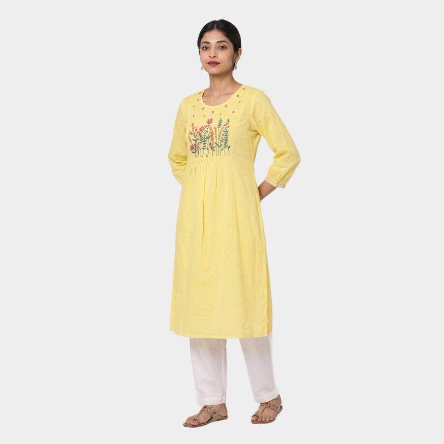 Yellow Cotton Round Neck Embroidered Kurta