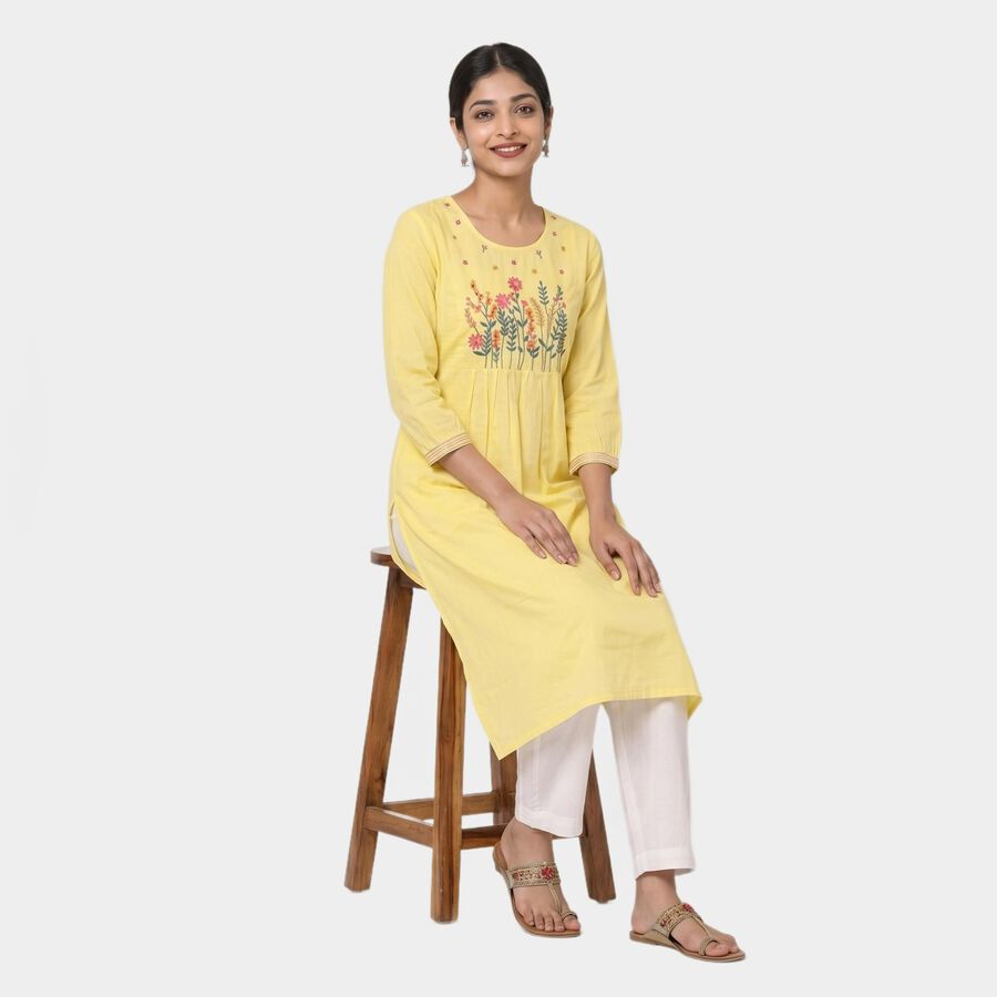 Yellow Cotton Round Neck Embroidered Kurta