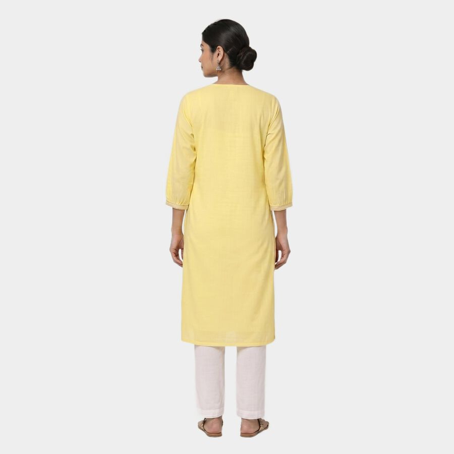 Yellow Cotton Round Neck Embroidered Kurta view 3