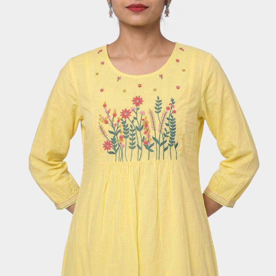 Yellow Cotton Round Neck Embroidered Kurta view 4